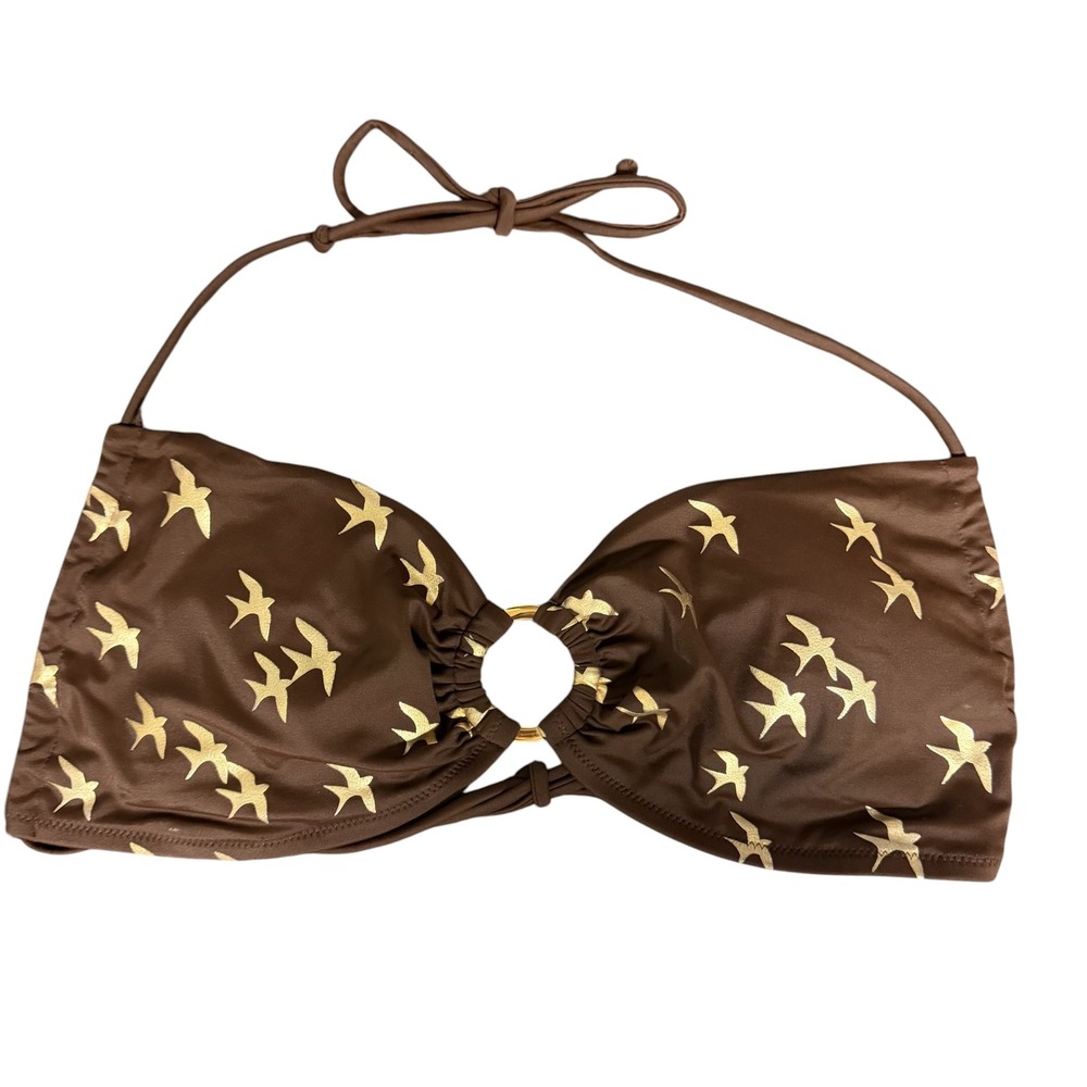 Victoria's Secret Brown Gold Bird‎ Print O-Ring Halter Bikini Top Large